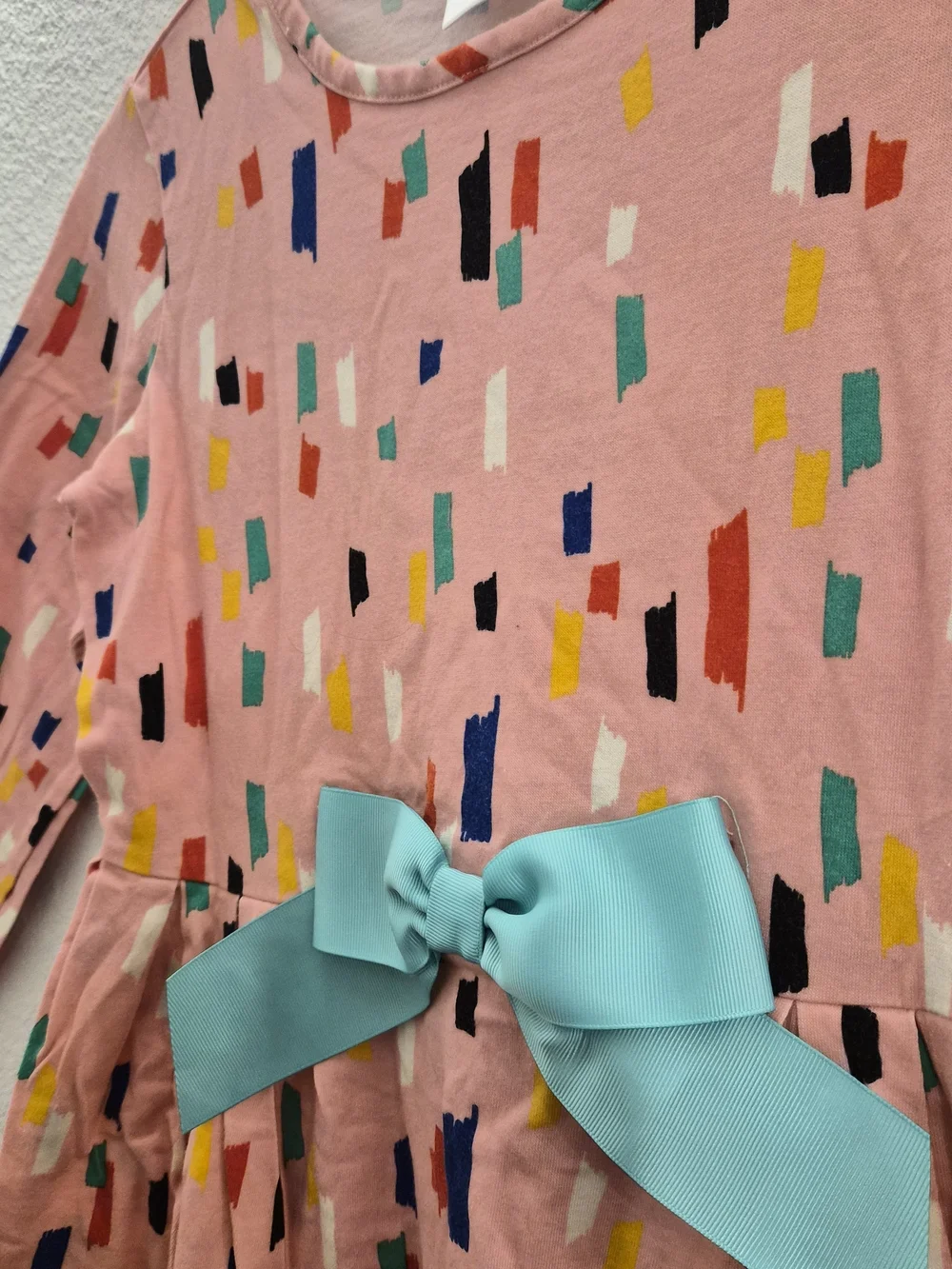 Kids Long Sleeve Pink Confetti Dress with Teal Bow size 140